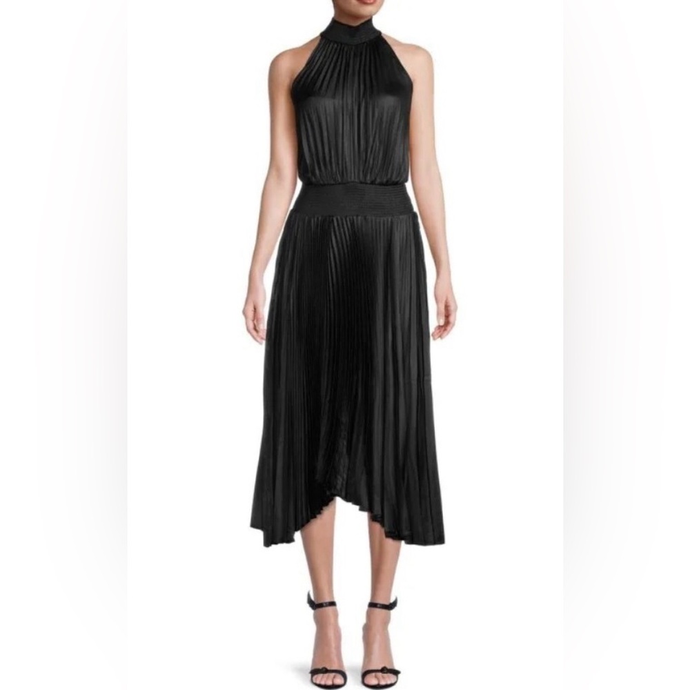 NWT ELIE TAHARI Pleated Halter Blouson Midi Dress Black Sz XS
